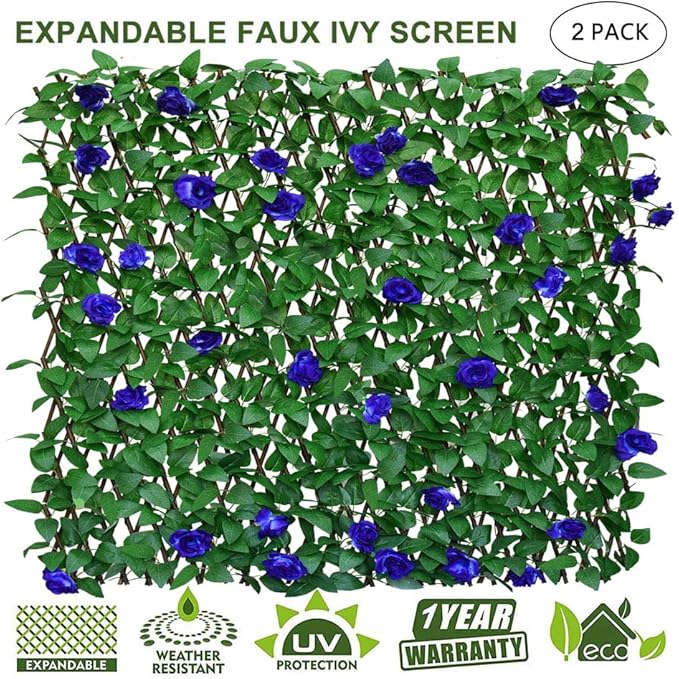 Expandable Fence Privacy Screen for Balcony Patio Outdoor,Decorative Faux Ivy Fencing Panel,Artificial Hedges (Single Sided Leaves) (2, Blue Flowers)