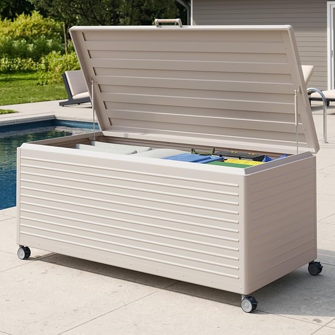 MIRADOR 281 Gallon Outdoor Storage Box Waterproof, Metal Deck Box with wheels for Patio Furniture, Garden Tools, Outdoor Cushion, Latte
