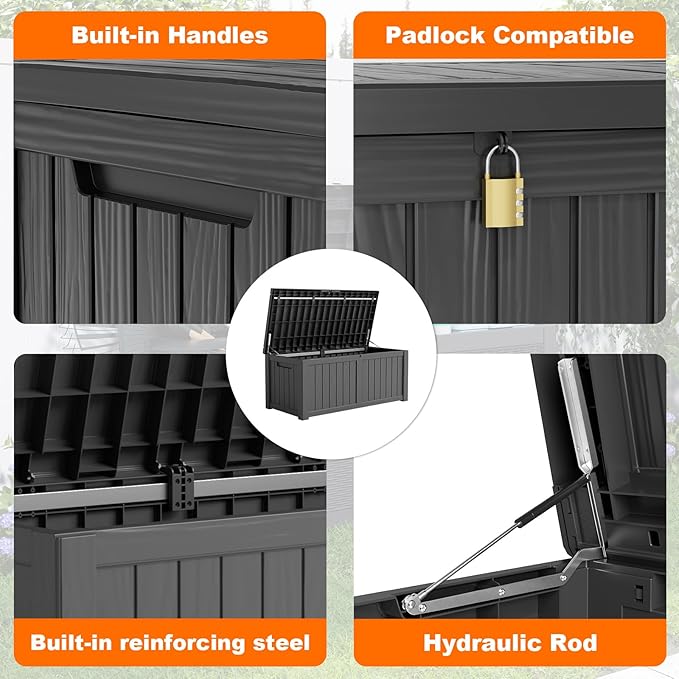DRATO 120 Gallon Large Deck Box, Outdoor Storage Box for Patio Furniture, Patio Cushions, Gardening Tools, Pool Supplies,660lbs Weight Capacity,Waterproof Resin Storage Boxes（Black，120 Gallon）