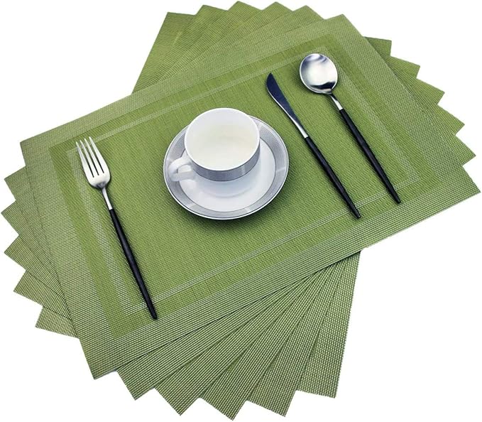 PIGCHCY Heat Insulation Non Slip Plastic Placemats,Washable Easy to Clean Woven Vinyl Kitchen Stain Resistant Placemats for Dining Table Set of 6 (Olive Green)
