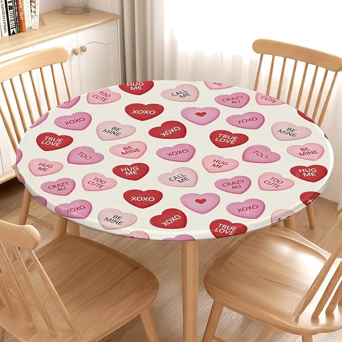 Valentines Day Round Fitted Tablecloth with Elastic Pink Red Love Hearts Circle Table Cloth for 40-44" Round Tables Wipeable Waterproof Valentines Decorative Table Cover for Picnic Dining Party Decor