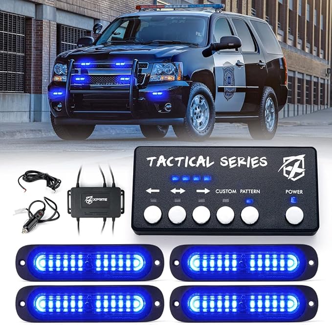 Xprite Blue LED Surface Mount Strobe Police Lights Kit, Emergency Safety Warning Flashing Grille Cop Marker Light for Volunteer Vehicles Trucks ATV UTV Cars Vans Motorcycle - 4PCS