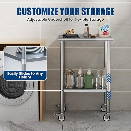 Stainless Steel Work Table with Wheels, 24x24 Inch NSF Food Prep Worktable with Backsplash & Adjustable Undershelf for Commercial Kitchen, Restaurant, Garage, Outdoor BBQ