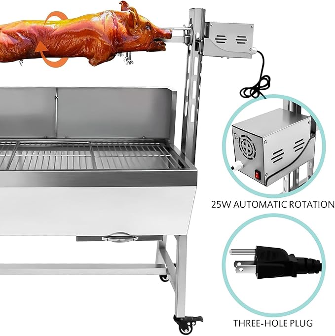Electric Rotisserie Grill Kit with Windscreen, Large Charcoal Grill with Motor, Stainless Steel Automatic Pork Grill & Outdoor Lamb Goat Roaster, 132 Lbs Capacity for Camping Outdoor