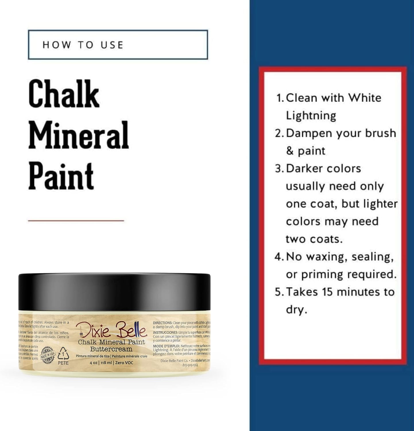 Dixie Belle Paint Company Chalk Finish Furniture Paint - Buttercream (4oz) - Matte Creamy White Chic Chalk Mineral DIY Furniture Paint