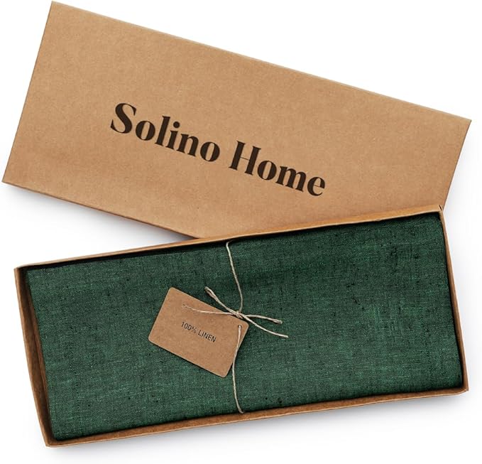 Solino Home Linen Table Runner 48 Inches - 100% Pure Linen Forest Green Table Runner 14 x 48 Inch Ideal for Dresser and Coffee Tables - Athena - Winter, Easter, St Patricks Day