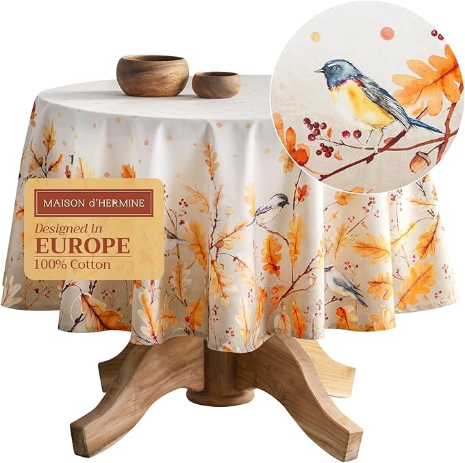 Maison d' Hermine Table Cloth Round Table 100% Cotton 63 Inches Fall Tablecloth Reusable Everyday Use for Thanksgiving Christmas Decorations Dining Farmhouse Party (Oak Leaves)