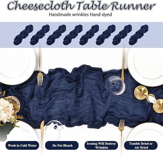 8 Packs Navy Blue Cheesecloth Table Runner 10FT Long Boho Gauze Fabric Table Runner Vintage Rustic Sheer Runners for Wedding Party Bridal Baby Shower Table Decorations