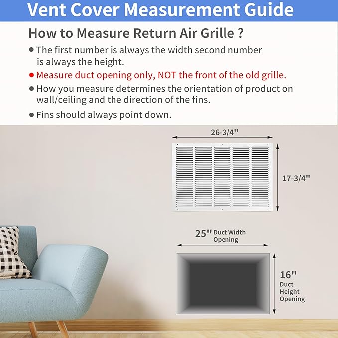25"W x 16"H [Duct Opening Size] Steel Return Air Grille, Air Return Vent Cover for Ceiling and Sidewall - HVAC Air Vent Covers - [Outer Dimensions: 26.75"W x 17.75"H]