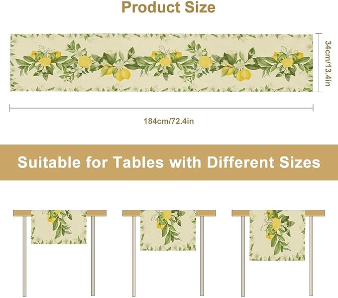 Summer Lemon Table Runner, Spring Blooming Lemon Tree Branches Bouquets Yellow Green Leaves Table Runner for Farmhouse Home Dining Kitchen Table Party Decor, 13x36inch