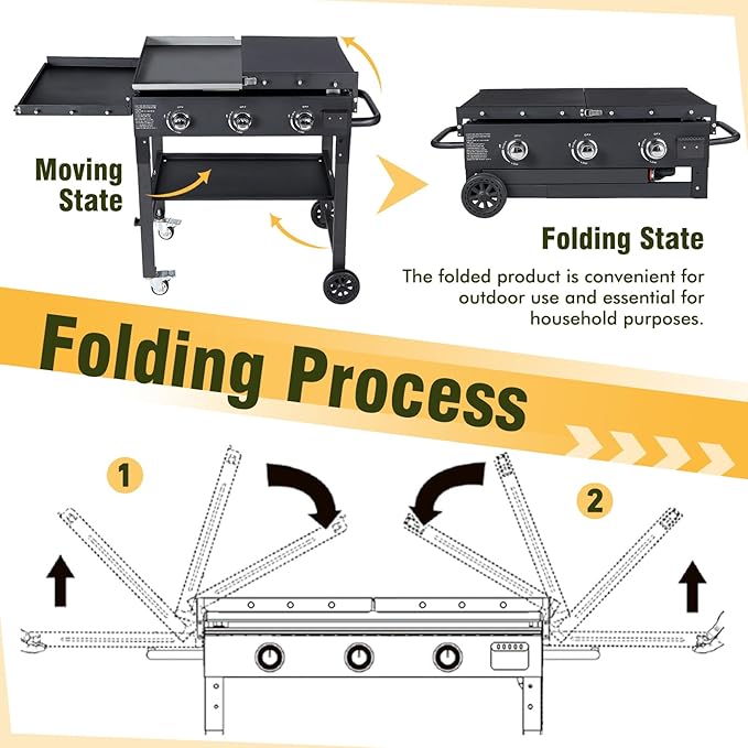 BESTFIRE Foldable Flat Top Grill, Outdoor Griddle-3 Burner Propane Griddle with Two Foldable Shelves,36" Flat Grills Outdoor-45,000 BTU Gas Grill for BBQ& Outdoor Cooking,Black