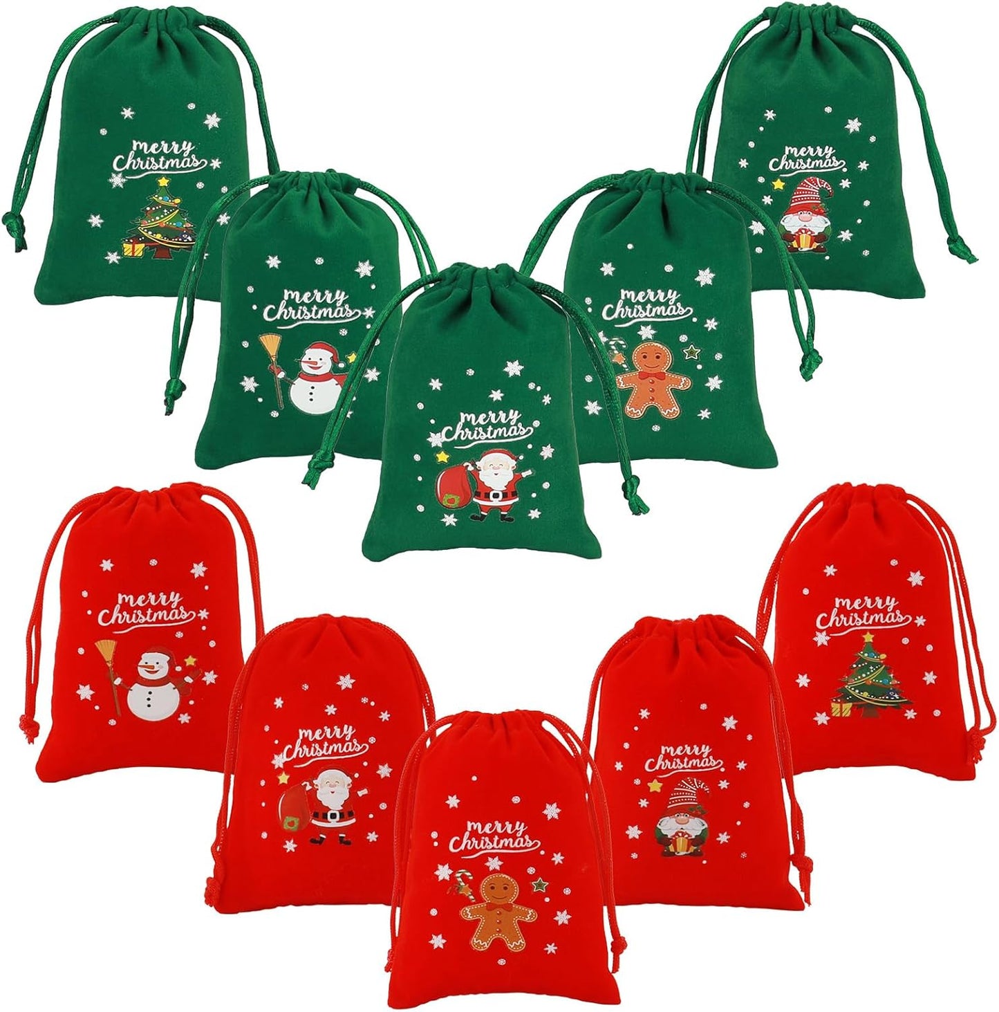 Tapleap Christmas Bags with Drawstring - 50Pcs 3x4 Red and Green Velvet Cloth for Wrapping Dice, Jewelry, Party Favors or Gifts for Friends, Children, Customers