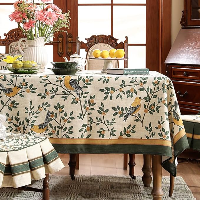 patdrea Designer Vintage French Floral Small Square Tablecloth,Yellow Brids Green Leaves Pattern Linen Table Cloth,Decor Kitchen Dining Holiday Banquet Christmas,Thanksgiving,55"x55"-Warbler