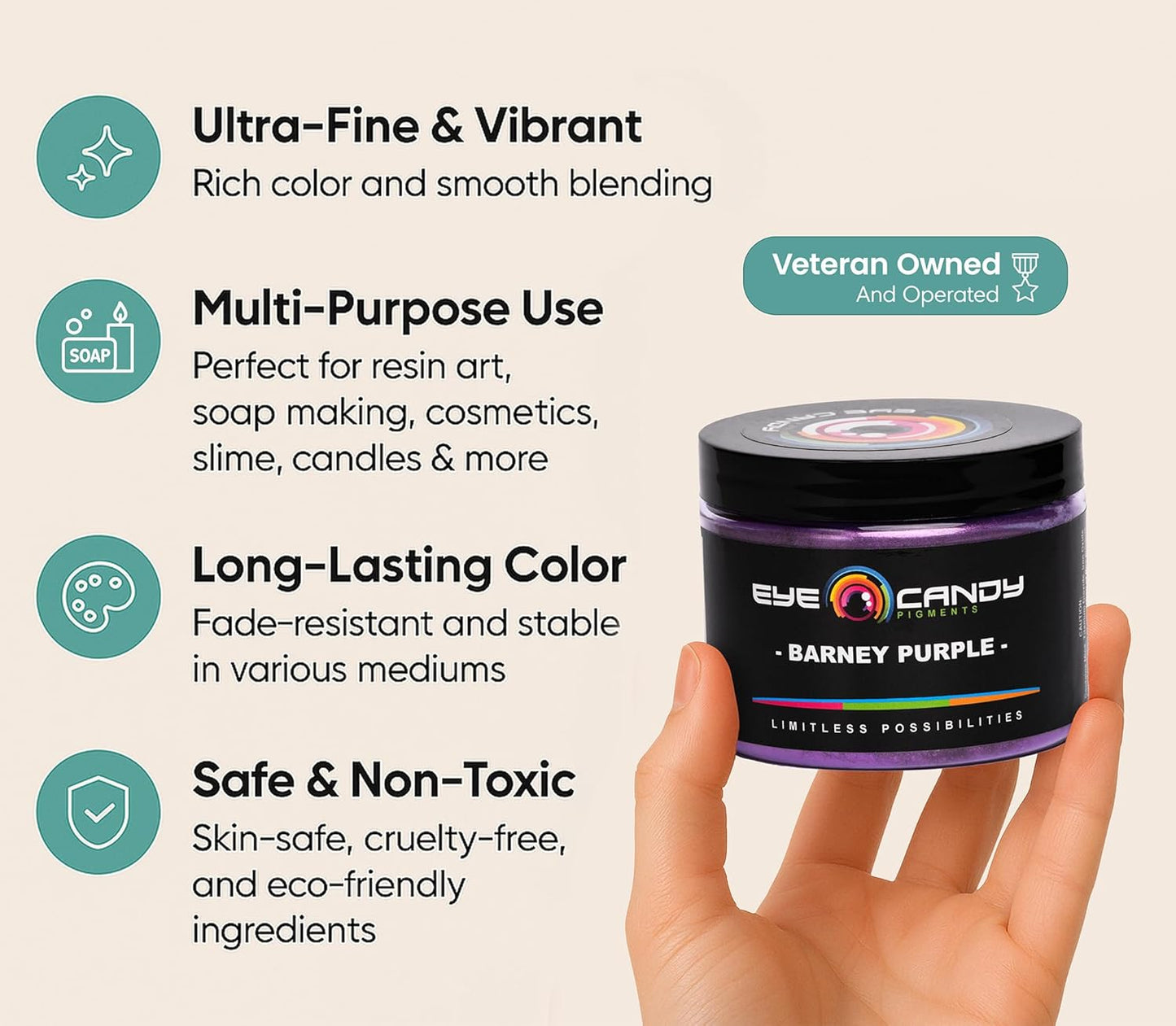 Eye Candy Pigments Premium Purple Mica Powder - Barney Purple (50gr) - for Epoxy, Resin, Soap, Paint, Woodworking, Acrylic Pouring, Bath Bombs, Fishing Lures - DIY Arts and Crafts Additive