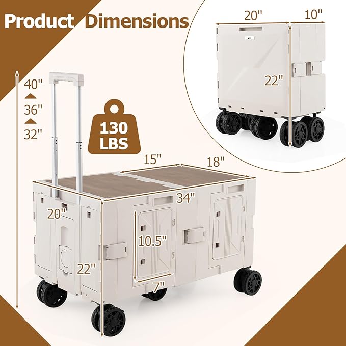 Goplus Large Foldable Utility Cart w/ 2-Tier Storage Crates, 5 Rotate Wheels, Metal Telescoping Handle, Portable Rolling Trolley Collapsible Cart for Grocery Shopping Camping & Travel