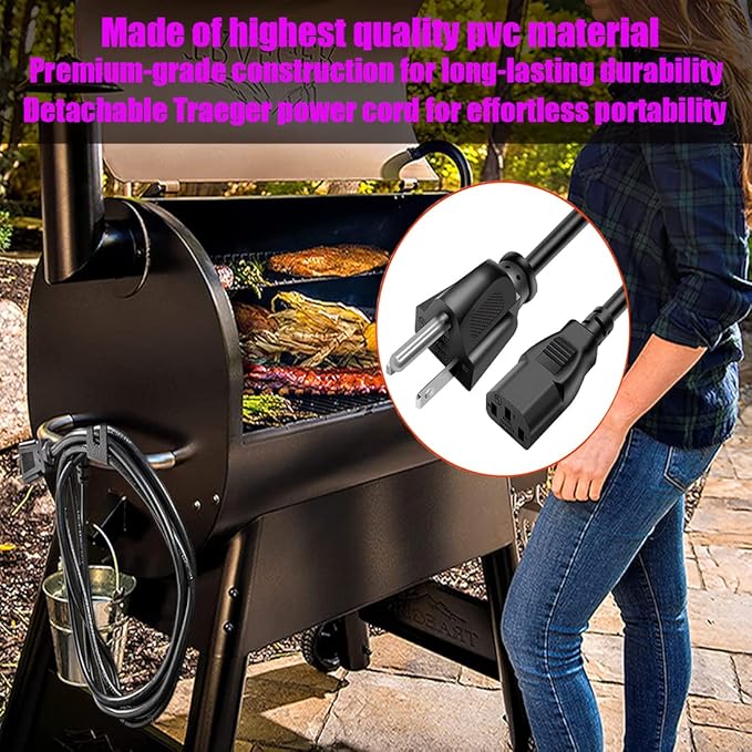Pellet Smoker Grill Power Cord Kit Replacement Part Compatible with Traeger Ironwood 650 & 885, Pro Series 575 & 780, Timberline 1300 & 850, 6 Feet，Black