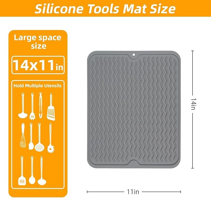 Grill Accessories, 14x11 Inch Silicone Heat Resistant Mat, BBQ Tool Rest Pad for Blackstone Griddle Side Shelf, Weber, Traeger, Outdoor Kitchen Countertop Protector (Grey)