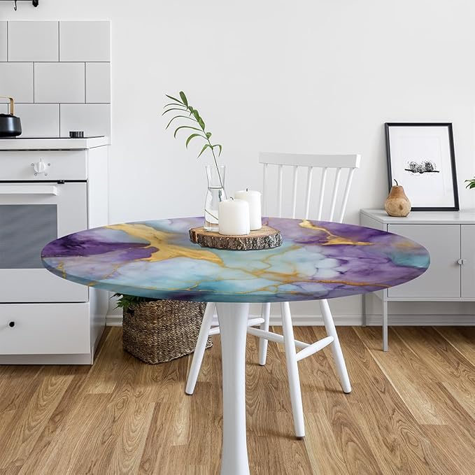 Marble Purple Gold Blue Round Table Cloth Cover, Elastic Edge Waterproof Wipeable Tablecloths 45"-56" Polyester Tablecloth for Party Restaurant Banquet Holiday Camping Outdoor Picnic
