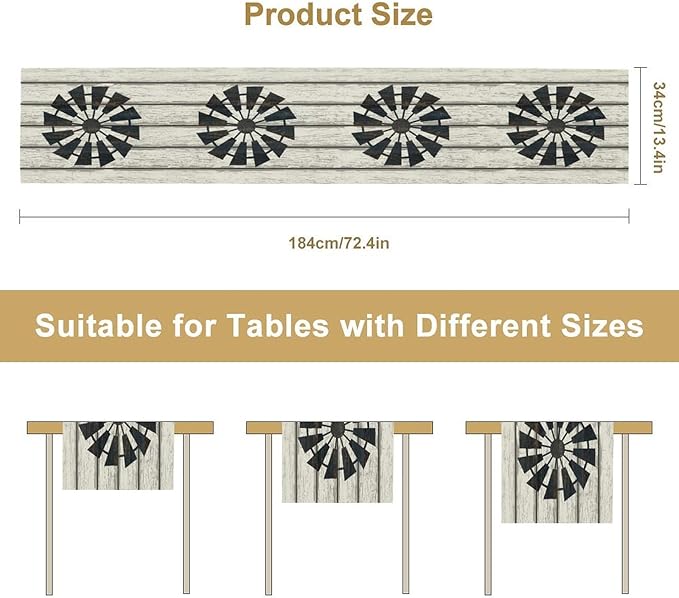 Retro Windmill Table Runner, Rustic Farmhouse Wood Grain Country Style Print Table Runner for Dinning Holiday Party Indoor Outdoor Decor, 13x108inch