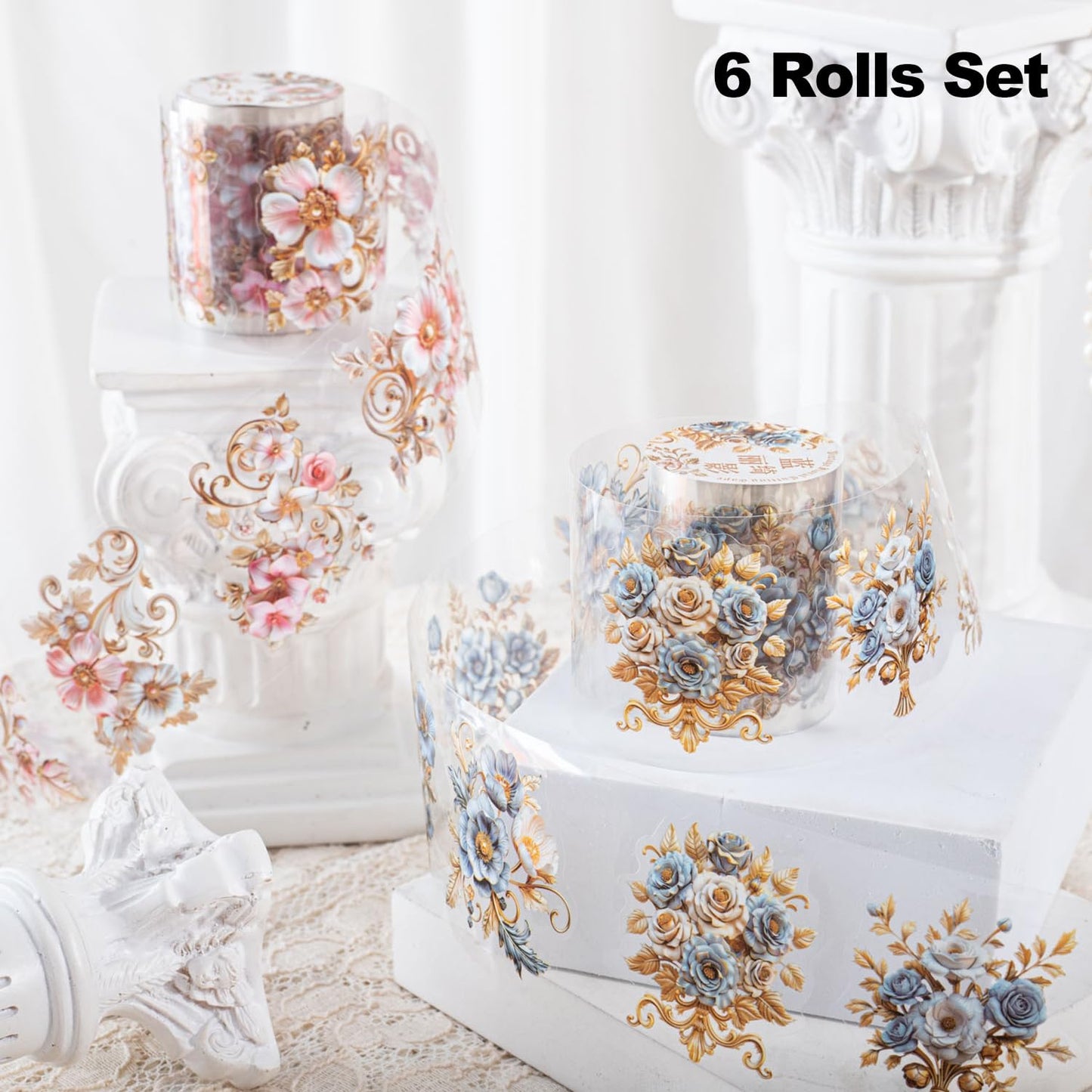 6PCS Baroque Flower PET Tape Set, Vintage Floral Pre-Cut Tapes for Journaling, Scrapbooking, and Junk Journal Ephemera, with Decorative Clip
