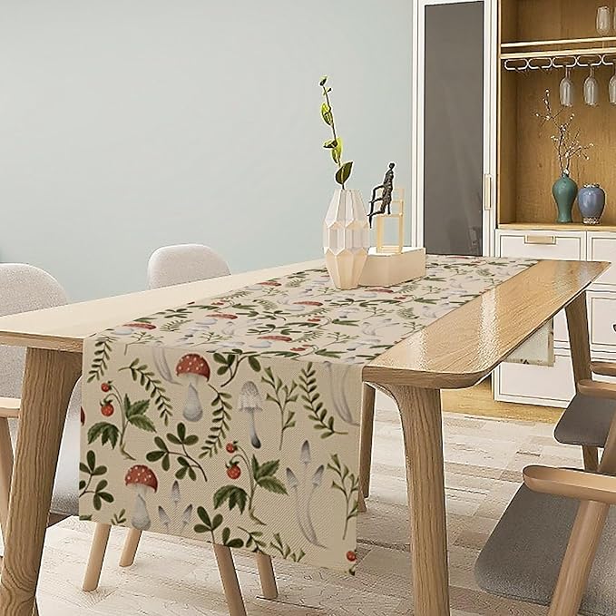 Mushroom Table Runner,Vintage Rustic Boho Botanical Plant Print Tablerunner for Home Kitchen Dining Coffee Table Indoor Outdoor Party Decor 13x60in