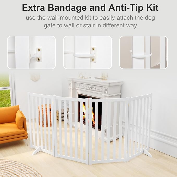 36" Height Extra Tall Freestanding Pet Gate, Solid Wood Folding Safety Fence Wooden Dog Gate with 2 PCs Support Feet Ideal for Stairs, Doorways, Halls, Kitchens, Heavy Duty Gates, 4 Panels, White