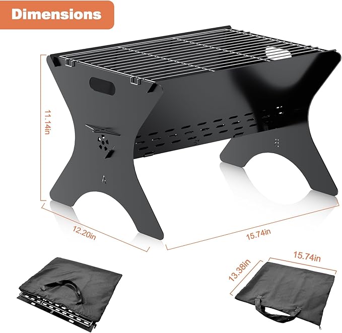 Camping Campfire Grill, 16"Lx12"D Portable Folding Charcoal Grills, Backpacking BBQ Grill with Carry Bag, Outdoor Fire pit for Camping, Picnic, Bonfire, Patio, Backyard
