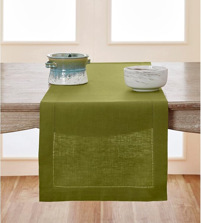 Solino Home Linen Avocado Green Hemstitch Table Runner 60 Inches - 100% Pure Linen Small Table Runner 14 x 60 Inch for Dresser and Coffee Tables, Spring, Easter, St Patricks Day - Classic Hemstitch