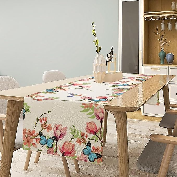 Spring Flower Table Runner, Seasonal Rustic Garden Flowers Bird Butterfly Print Table Runner for Home Kitchen Table Decor, 13x108inch