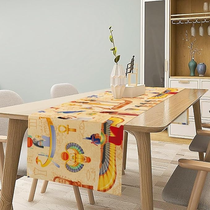 Egypt Table Runner, Ancient Egyptian Mythology Gods Hieroglyphic Elements Retro Farmhouse Table Runner for Home Kitchen Dining Party Indoor Outdoor 13x120in