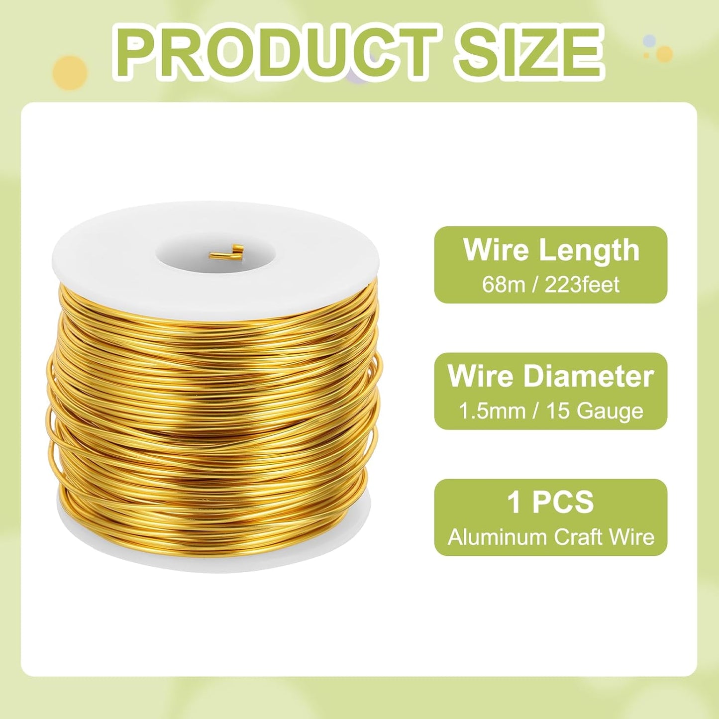 MECCANIXITY 15 Gauge Anodized Aluminum Craft Wire Bendable Bonsai Training Wire 223 Feet 1.5mm for Sculpting Crafts Wreath Floral Beading Jewelry Making, Gold Tone
