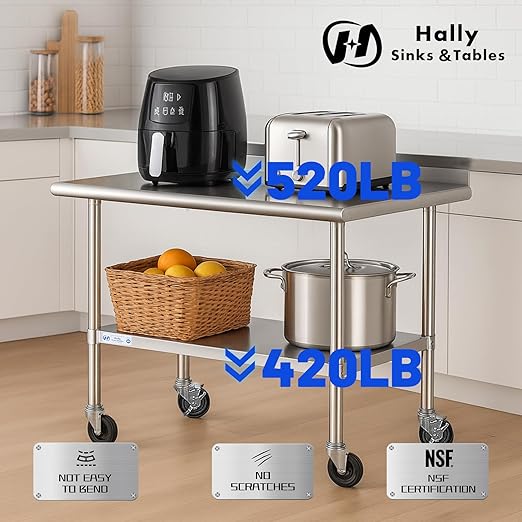 Stainless Steel Table for Prep & Work 24 x 72 Inches with Caster Wheels, NSF Commercial Heavy Duty Table with Undershelf and Backsplash for Restaurant, Home and Hotel