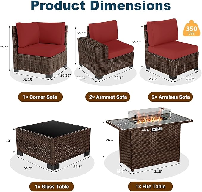 7 Piece Patio Furniture Set with Fire Pit Table, Outdoor Conversation Sets Wicker Rattan Sectional Sofa with Coffee Table, 4'' Thickened Cushion Wine Red (Include Waterproof Cover)