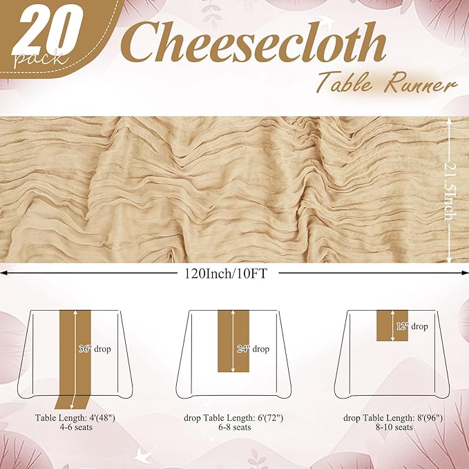 20 Packs Cheesecloth Table Runner 10FT Long Boho Gauze Fabric Table Runner Vintage Rustic Sheer Runners for Wedding Party Bridal Baby Shower Table Decorations (Beige)