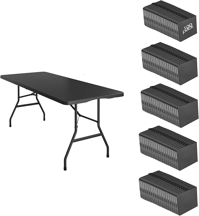 100 Pack of 6 Foot Foldable Table with Built in Handle & Steel Legs ,Heavy Duty Portable ,Perfect for Party, Dining, Wedding, Events, Picnic Indoor, Outdoor, Camping, Utility, Folding(Black-100pac)