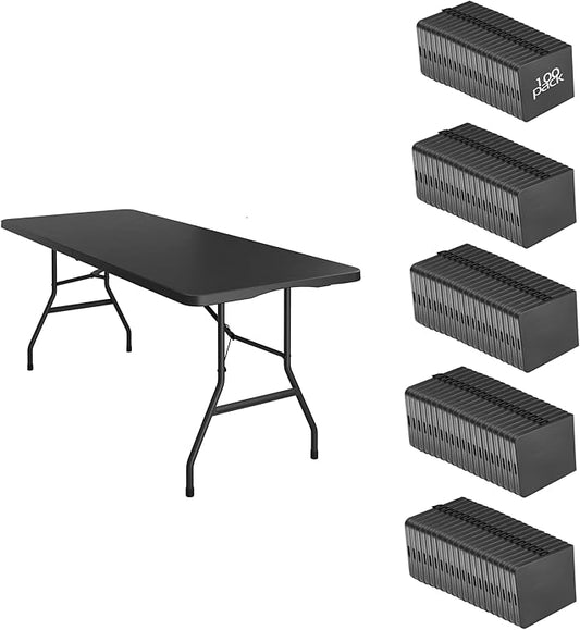 100 Pack of 6 Foot Foldable Table with Built in Handle & Steel Legs ,Heavy Duty Portable ,Perfect for Party, Dining, Wedding, Events, Picnic Indoor, Outdoor, Camping, Utility, Folding(Black-100pac)