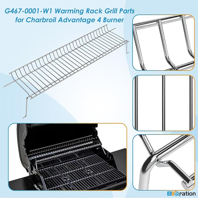 G467-0001-W1 Warming Rack Grill Parts for Charbroil Advantage 4 Burner 463344015 466344015, Grill Warming Rack Swing Away Grid for Charbroil Advantage 4 Burner Grill Replacement Parts
