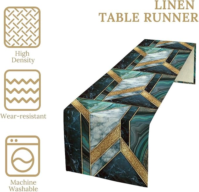 Marble Table Runner, Dark Green Gold Modern Mosaic Design Table Runner Decoration for Kitchen Family Dinner Table Holiday Party Farmhouse 13x120in
