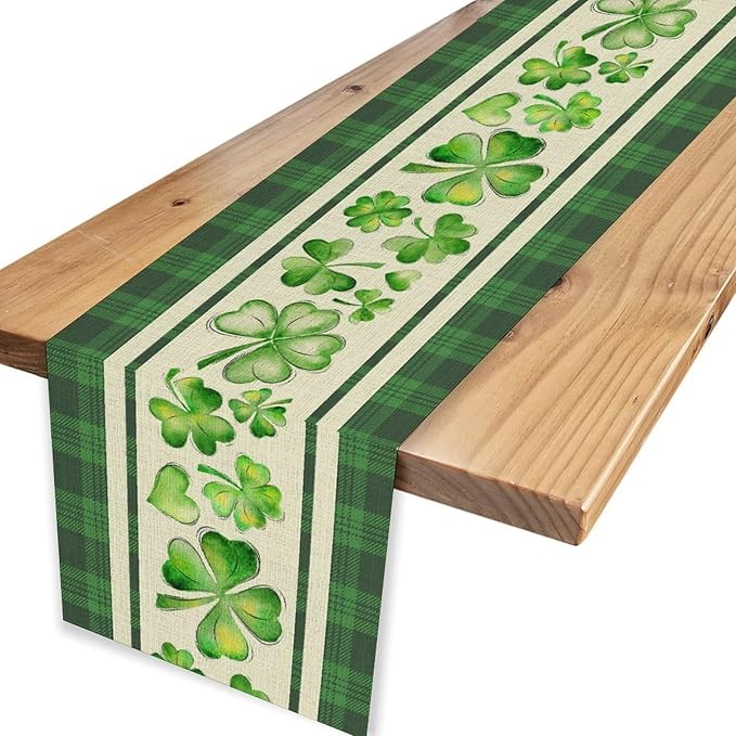 St.Patrick's Day Table Runner,Vinatge Rustic Green Buffalo Plaid White Shamrock Watercolor Table Center Decor for Home Kitchen Dining Patio Holiday Party Indoor Table Decorations, 13"x36"