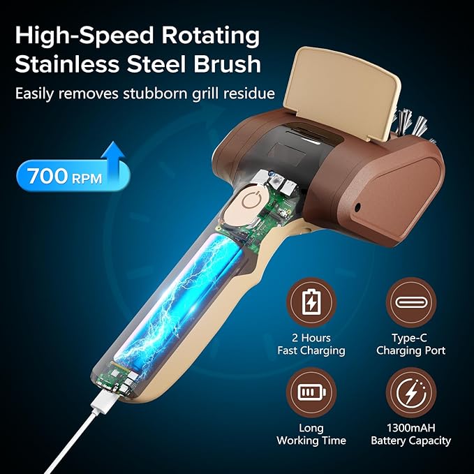 BBQ Grill Brush for Outdoor Grill, Cordless Electric Grill Cleaner, Rechargeable Grill Cleaning Stainless Steel Brush, Grill Scraper, BBQ Accessories Brown