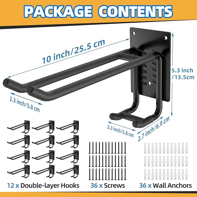 12 Pack Garage Hooks Heavy Duty 10 INCH Double-Layer Steel Shed Wall Mount Workshop Garage Storage Organizer Hooks for Hanging Garden Tool, Hose, Ladder, Chairs, Bikes with Anti-Slip Coating