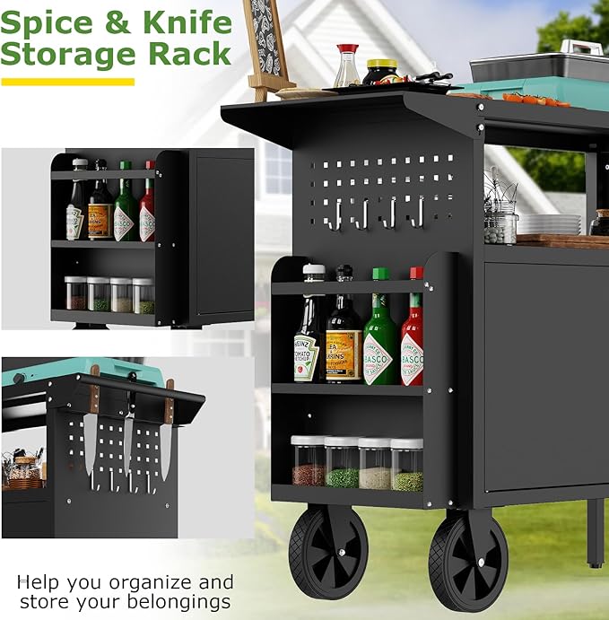 Outdoor Grill Table,Metal Grill Cart with Storage,Outdoor Bar Cart with Extension Plnel for Kitchen Prep,Patio BBQ