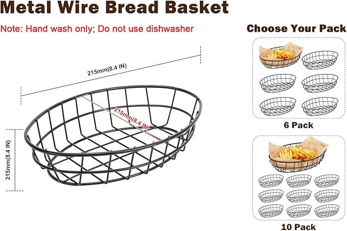 10 Pack Metal Fast Food Oval Baskets, Wire Bread Basket for Serving, Reusable Chip Burger Fruit Vegetables Bowl Storage for Kitchen Table, Restaurants, Snack Bar, 9.5" x 6.3" x 2"