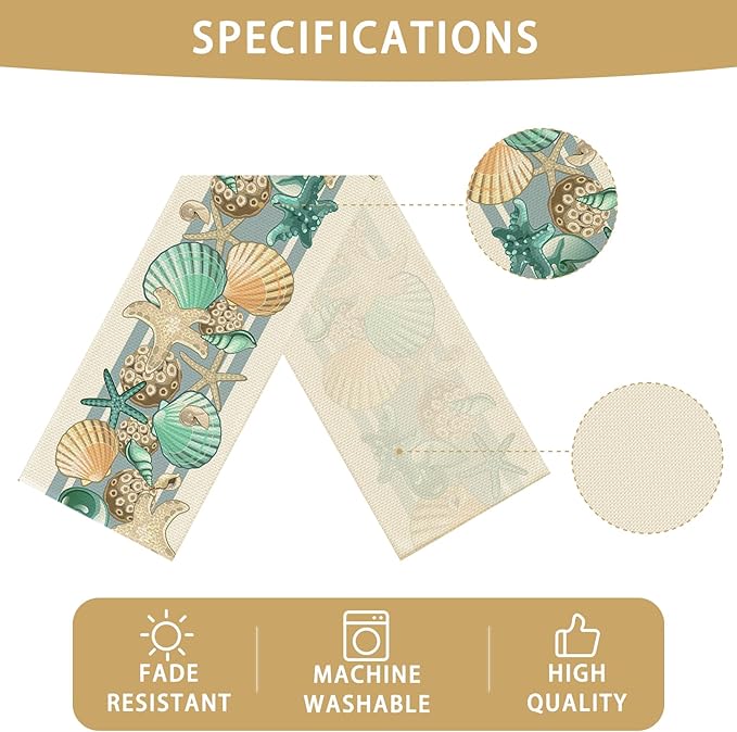Sea Shell Table Runner Seasonal Spring Fall Kitchen Dining Linen Table Decoration for Indoor Outdoor Home Party Dinner 13x72 Inch