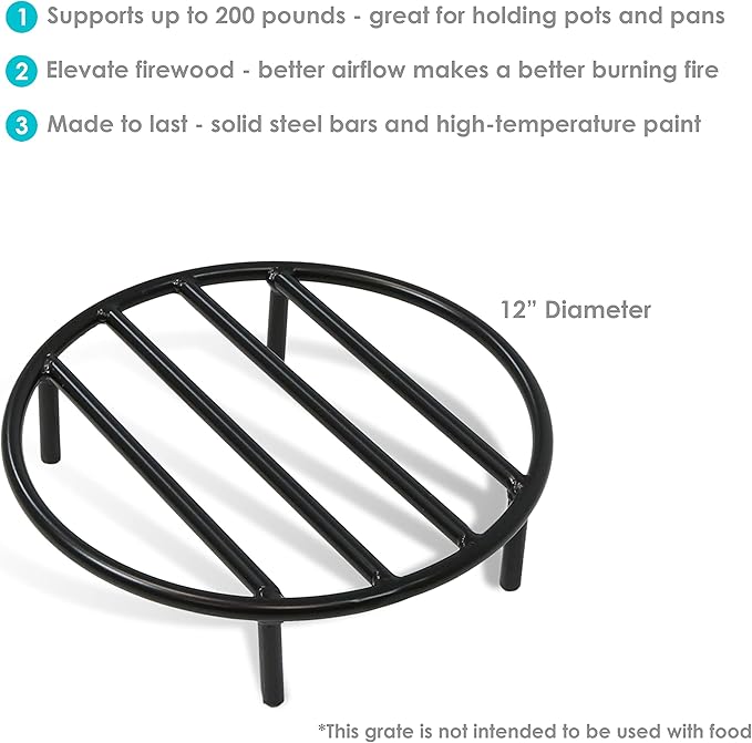 Sunnydaze Round Fire Pit Grate - Elevated Wood Grate for Fire Pit - Heavy-Duty Steel Log Grate for Outside - 12-Inch