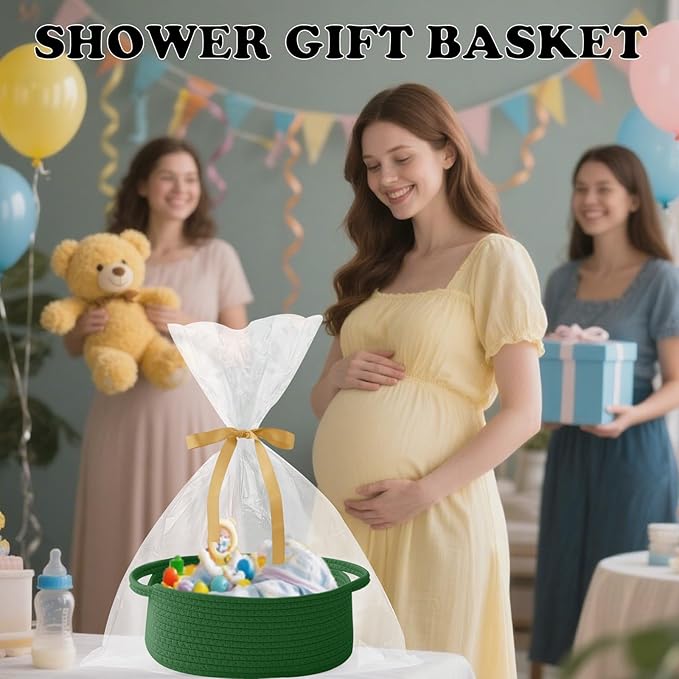 Gift Basket with Gift Bag and Ribbons,Small Rope Woven Shelf Storage,Baskets for Gifts Empty,Birthday,Baby Shower,Decorative Organizer Box with Handles(Green)