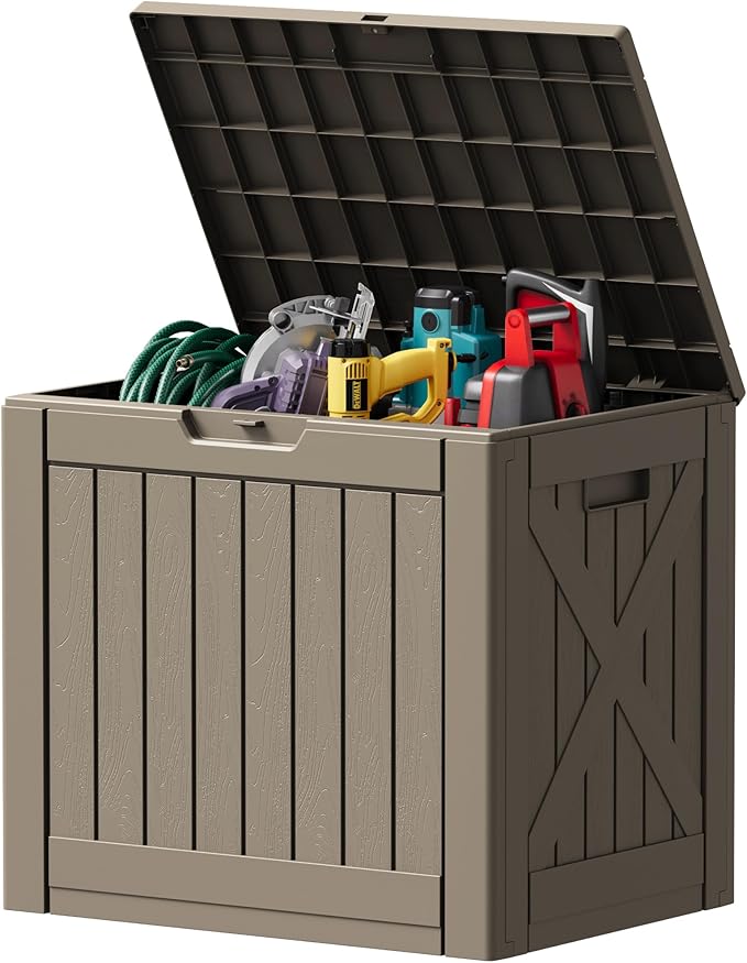 Devoko 40 Gallon Deck Box Outdoor Storage Box Waterproof for Patio, Large Outdoor Storage Bench Lockable for Outside (Brown, 40 Gallon)