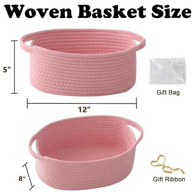 Gift Basket with Gift Bag and Ribbons,Small Rope Woven Shelf Storage,Baskets for Gifts Empty,Birthday,Baby Shower,Decorative Organizer Box with Handles(Pink)