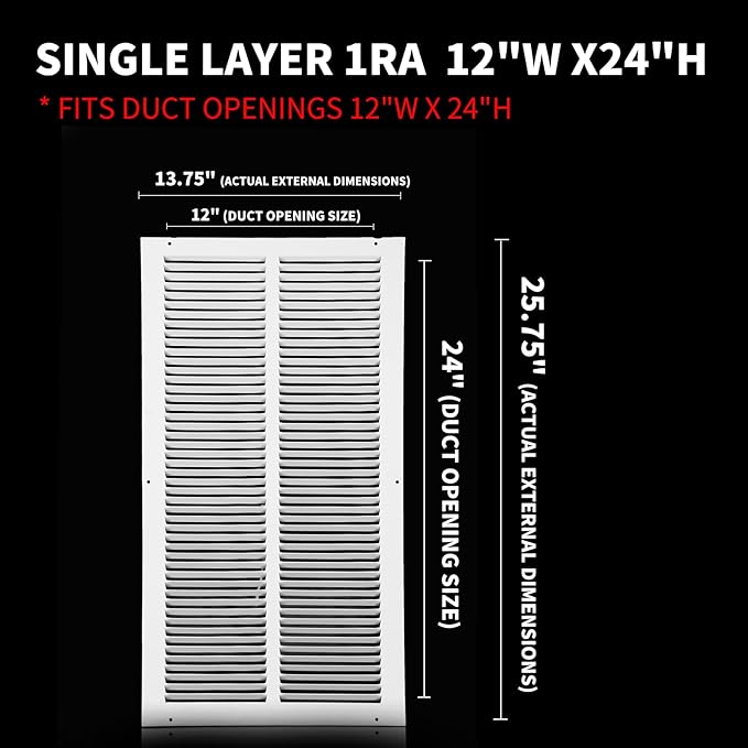 12x24 Return Air Grille(Duct Opening Size),Air Return Vent Cover,Flat Vent Cover,Rejillas De Aire Acondicionado Para Casa,Return Air Grilles,Outer Dimensions:13.75"Wx25.75"H(12"W x 24"H, Duct Opening)