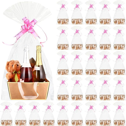 Tuanse 30 Pcs Basket for Gift Empty DIY Bulk Gift Basket Kit with Handle Kraft Cardboard Tray with 30 Bag 30 Bow Market Tray for Wedding Party(Brown Gold,9.8 x 6.7 x 4.3 in)